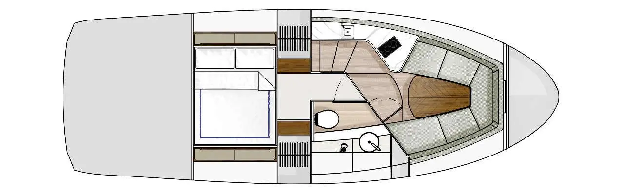 Layout of a modern boat interior featuring a bed, kitchen area, seating, and bathroom, with wooden and cushioned surfaces.